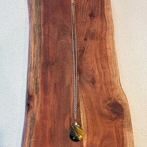 Tiger’s Eye Polished Pendant Necklace Oval Stone on Silver Tone Chain Green Gold